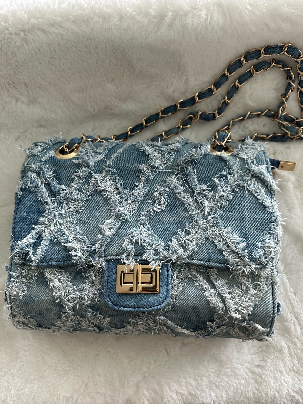 Denim Fringe Chain Shoulder Bag - Light Blue